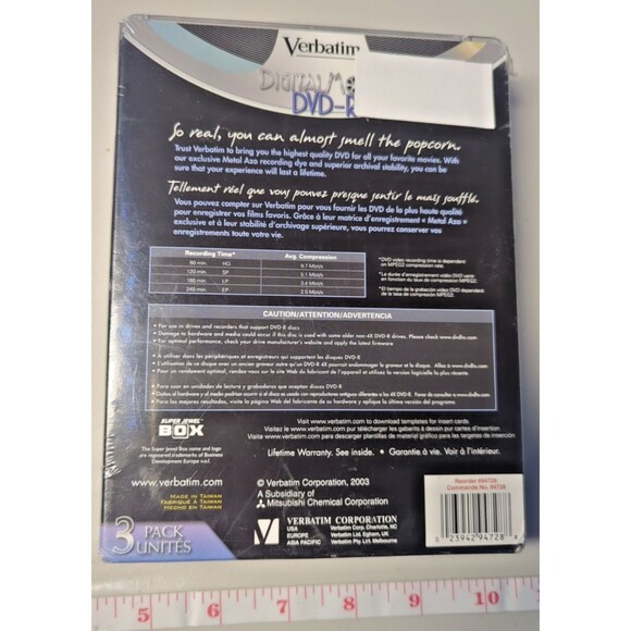 Verbatim Digital Movie DVD-R 3-Pack 4x Write Speed 120min/4.7gb Per Disc - Picture 5 of 10